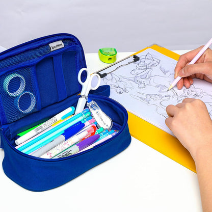 Pencil Case Pouch Box Bag School Supplies Girls Boys Kids, Cute Preppy Stuff Large Big Capacity Aesthetic Pen Organizer, Back to College Stationary, Sapphire Blue, Heavy Duty Canvas, 1800ml
