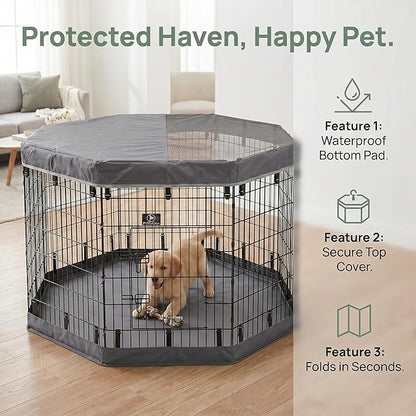 PJYuCien Dog Playpen with Top Cover and Bottom Pad - Metal Foldable Exercise Pen, 8 Panels 42" H x 24" W Indoor Outdoor Pet Fence Puppy Crate Kennel, Gray
