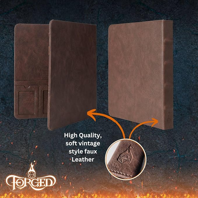 Forged Dice Co. Game-Folio PU Leather Portfolio Binder - Gaming Binder for DND Character Sheets with DND Spell Cards Organizer and Clear Front Pocket - Compatible with Dungeons and Dragons RPG - Brown