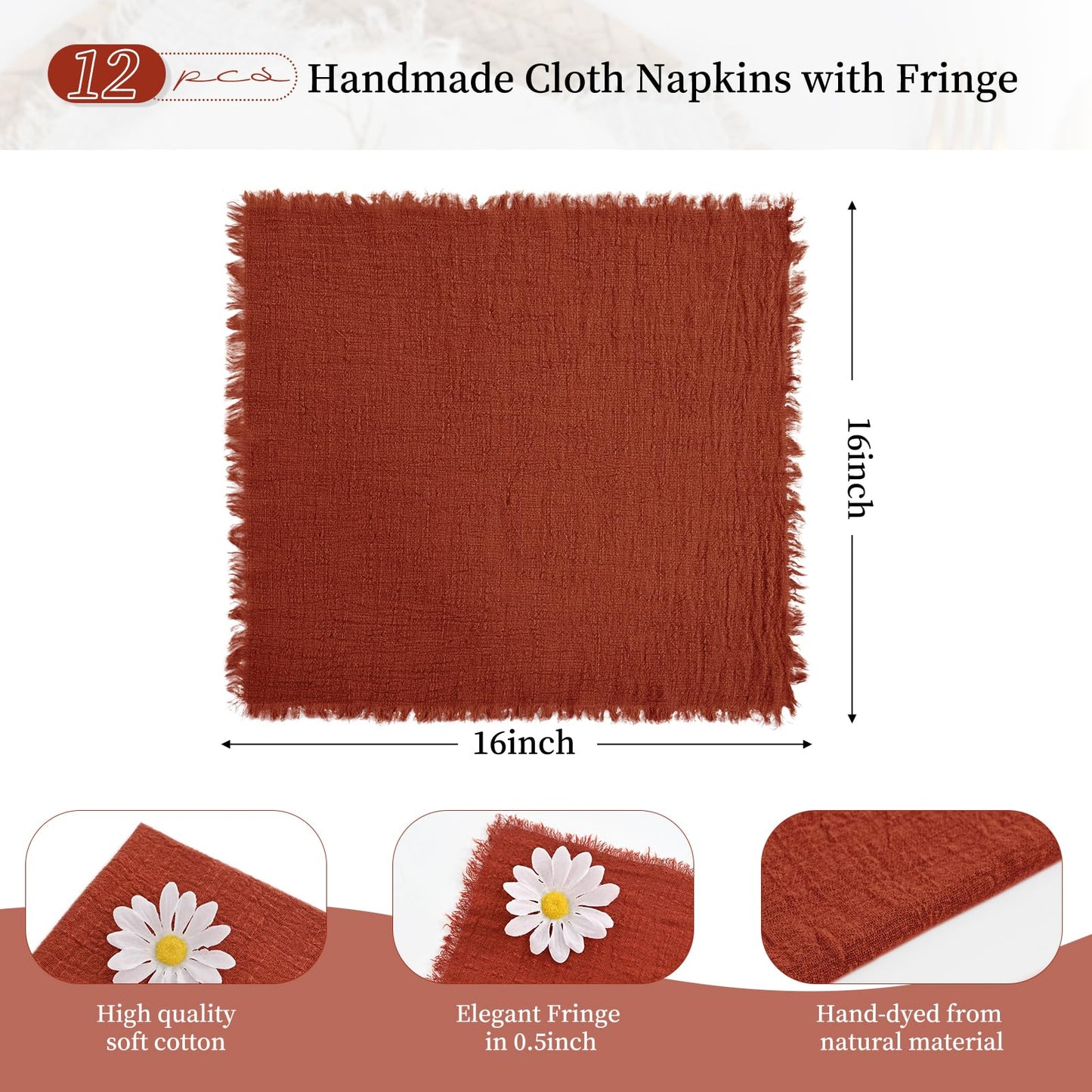 12 Pack Terracotta Napkins Cotton Linen Napkins 16 x 16 Inch Terracotta Cloth Napkin Handmade with Fringe Soft Washable Rustic Dinner Napkin Cloths for Wedding Party Dinner Table