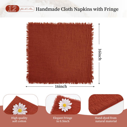 12 Pack Terracotta Napkins Cotton Linen Napkins 16 x 16 Inch Terracotta Cloth Napkin Handmade with Fringe Soft Washable Rustic Dinner Napkin Cloths for Wedding Party Dinner Table