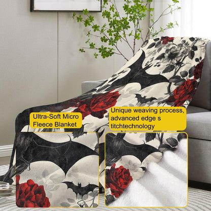 VANZEV Gothic Floral Blanket,Roses and Bat Flannel Throw Blankets,Soft Warm Lightweight Cozy Plush Halloween Goth Throws for Bedroom Sofa Home Decor Gifts for Women Girls 50"x60"
