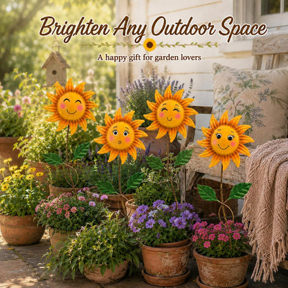 WKHOMEDECO 4 Pack Smiley Sunflower Decorative Garden Stakes, 20.5 Inch Metal Flower Garden Stakes for Outside, Yard Art Outdoor Decor for Lawn Planter Porch Patio