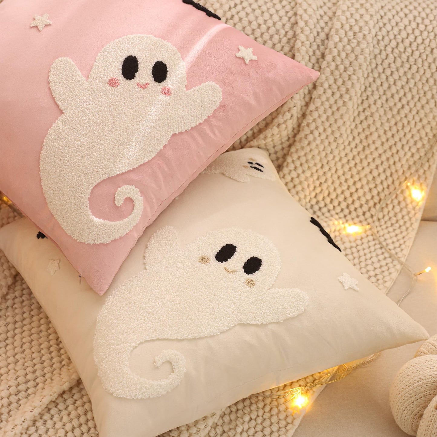 Tosleo Halloween Throw Pillow Covers 18x18 inch Set of 2 Halloween White Spooky Ghosts Embroidered Pillow Cases Thanksgiving Home Party Fall Decor Pillowcases Square Pink Velvet Cushion Covers