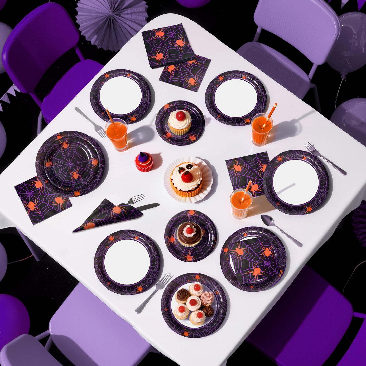 Watch Me Fly 75pcs Spider Party Supplies - Disposable Spider Web Paper Plates & Napkins (25pcs 9" & 7" Plates, 25pcs Napkins) for Birthdays, Halloween, Birthday, and Parties Decoration