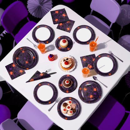 Watch Me Fly 75pcs Spider Party Supplies - Disposable Spider Web Paper Plates & Napkins (25pcs 9" & 7" Plates, 25pcs Napkins) for Birthdays, Halloween, Birthday, and Parties Decoration