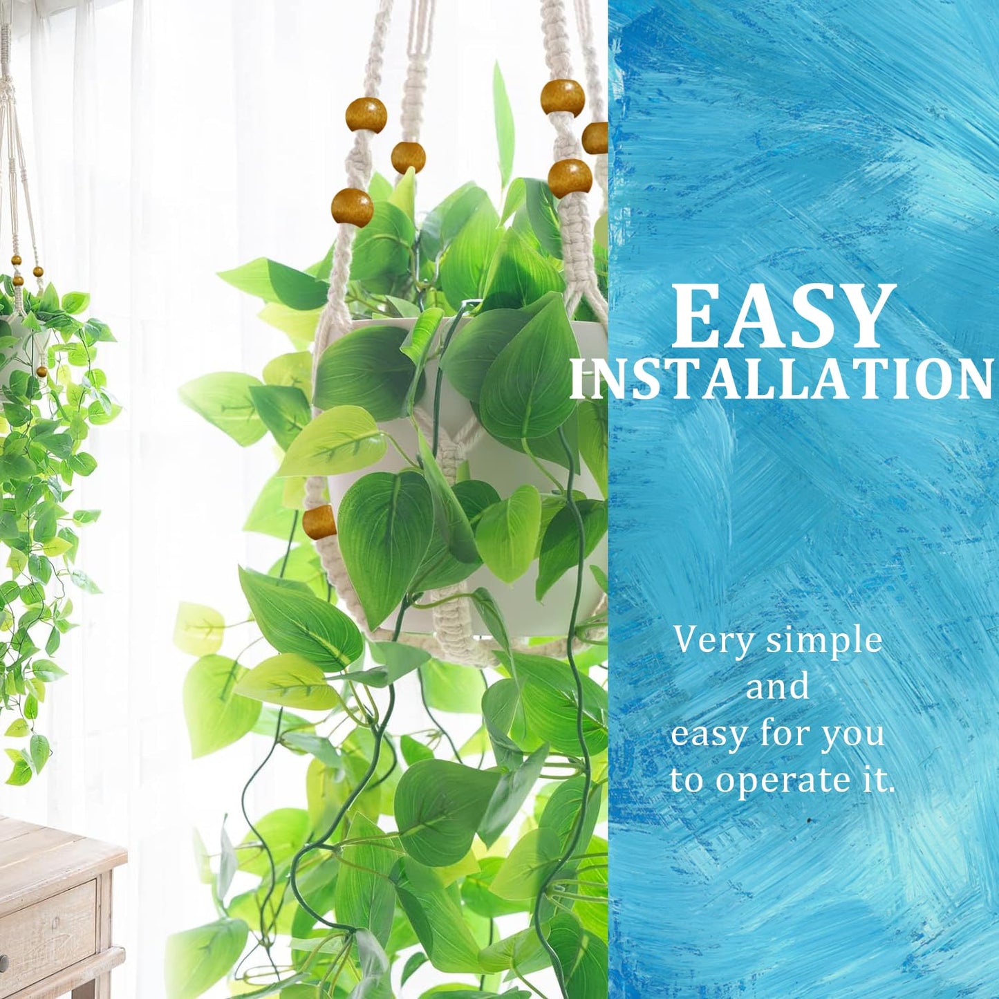 MENG ZHI AO 3 Pcs 35 Inch Macrame Plant Hanger Flower Pot Hanging Plant Holder No Tassels Decorative Hanging Planter Basket with Wood Beads for Indoor Outdoor Home Decor (Ivory)