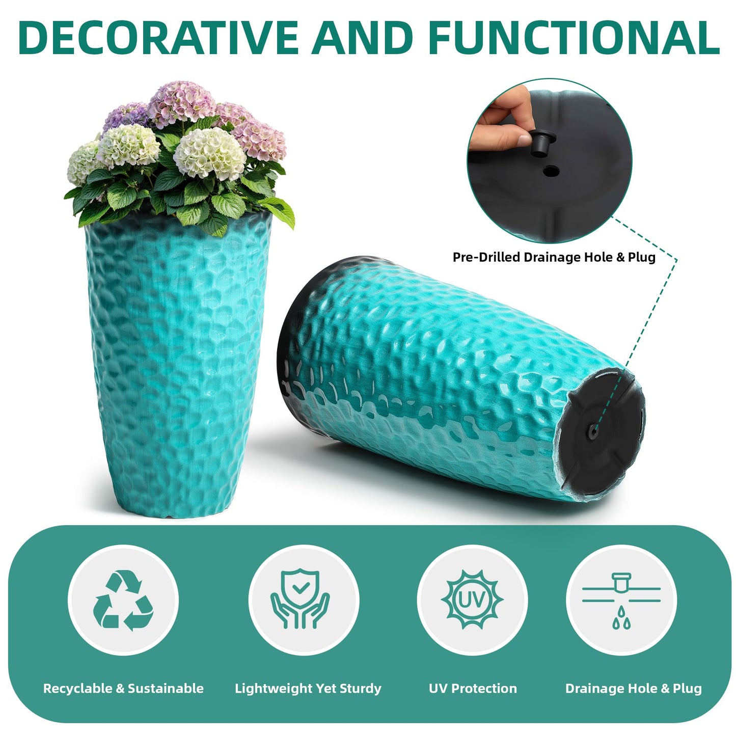 Ultym 23.75" H Large Tall Outdoor Planters, Set of 2 Plastic Large Flower Pots for Outdoor Plants, with Turquoise Teal Honeycomb Texture, Weather-Resistant for Porch, Garden, Patio or Indoor Use