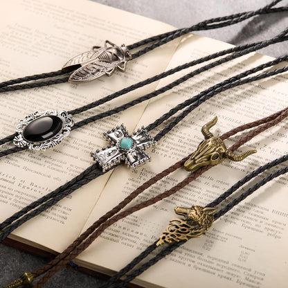 INSYOHO 5 Pcs Western Cowboy Bolo Tie for Men Women Native American Turquoise Cross Leather Necktie Rodeo Costume Necklace Accessories with Cicada, Fox Head, Bull Head Pendant Designs