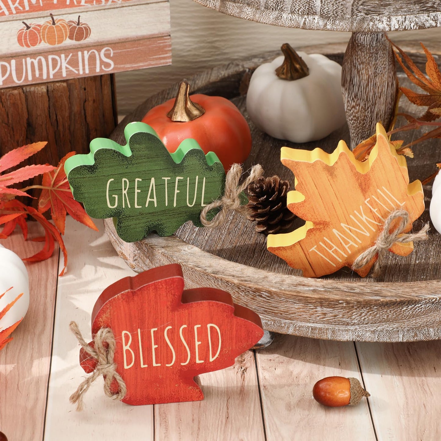 FYSUIMU 3 Pcs Fall Leaves Wood Table Sign Maple Leaf Thankful Tiered Tray Decor Thanksgiving Table Centerpieces Blessed Grateful Wooden Blocks for Autumn Home School Office Desk Decor