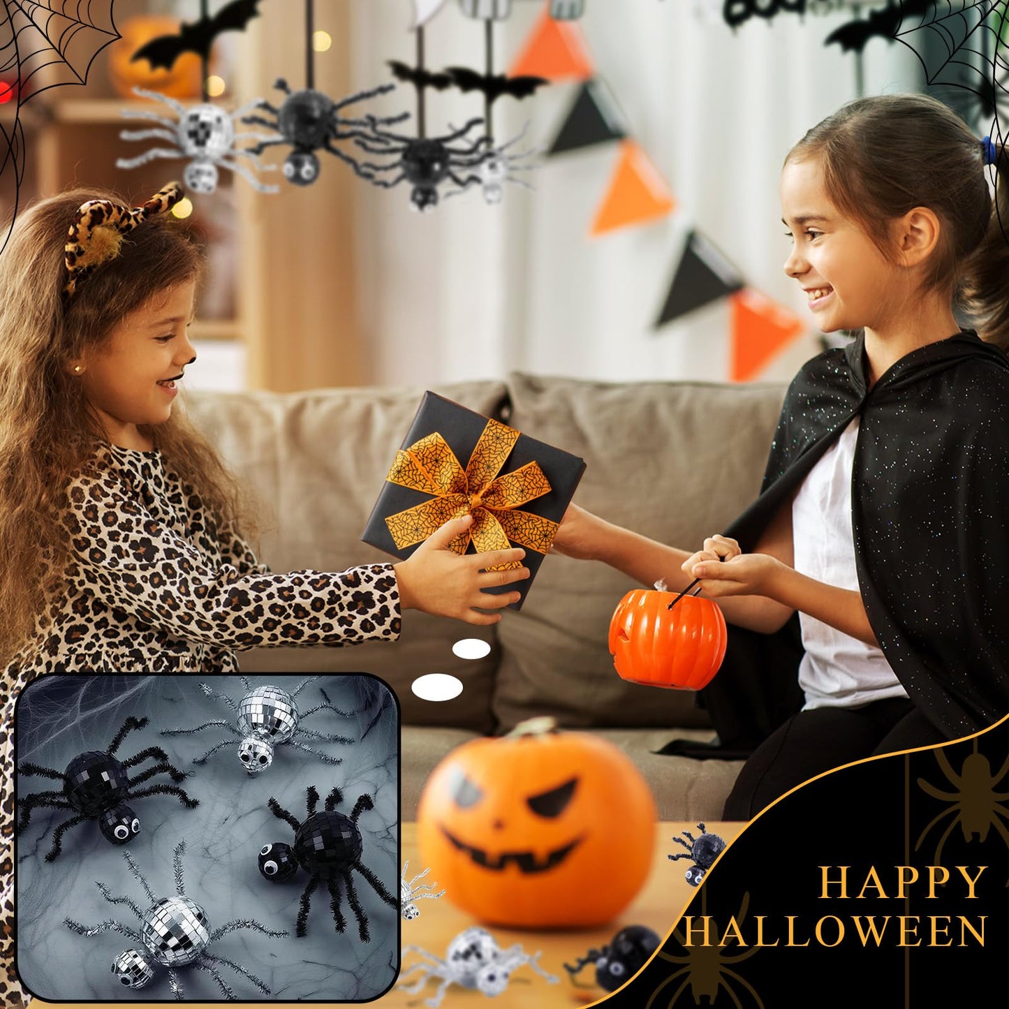 24 Pcs Halloween Disco Spiders Halloween Disco Decor DIY Disco Spiders Making Kit for Halloween Party Decor Glitter Disco Ball with Sparkle Pipe Wiggle Googly Eyes for Halloween DIY Spiders (Spider Shape)