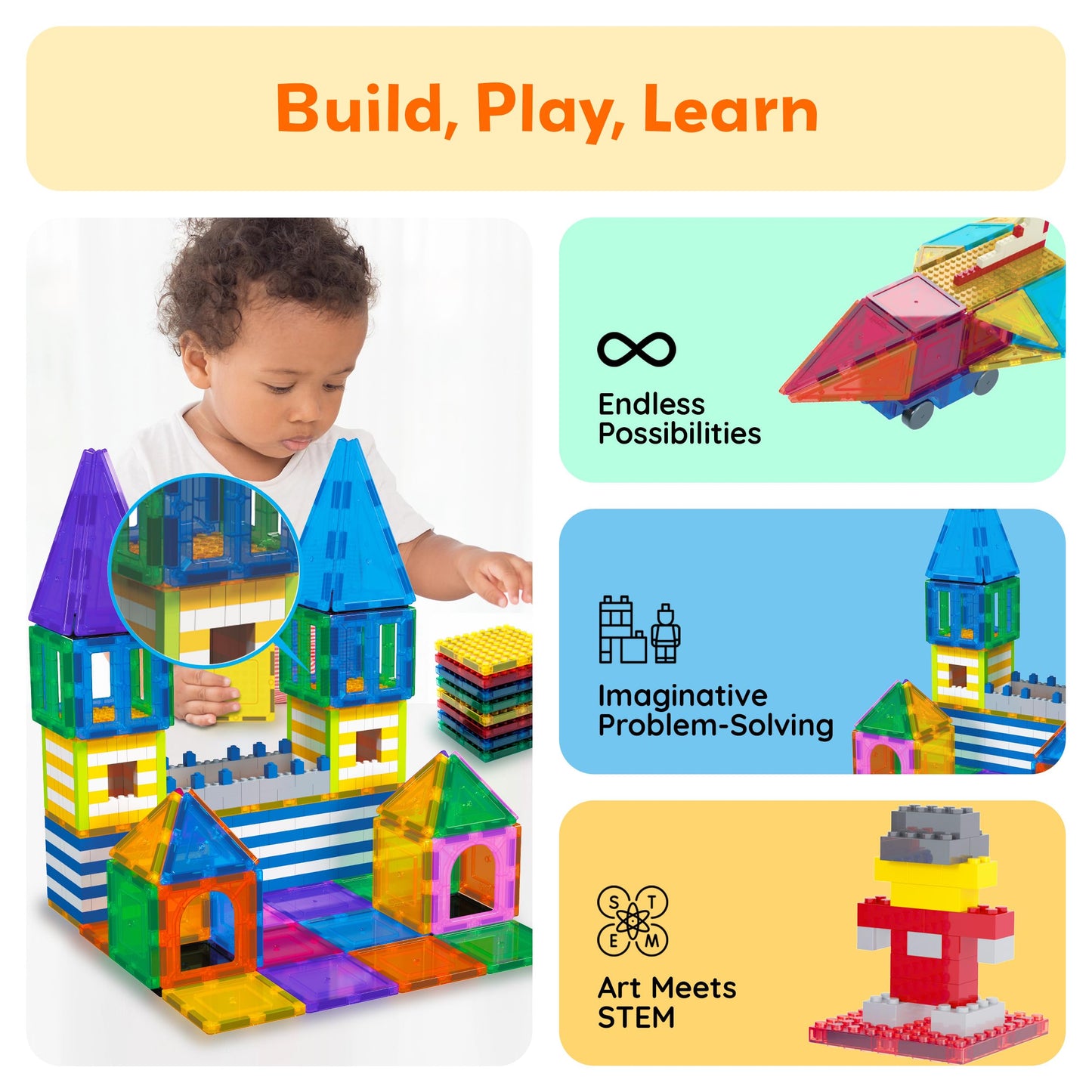 PicassoTiles Magnetic Building Blocks Brick Tiles STEM Creative Magnet Tiles Add Ons Set Construction Toy Socket Spikes Accessory Toys Educational Imaginative Learning Kit Stacking Set Toddlers Colors