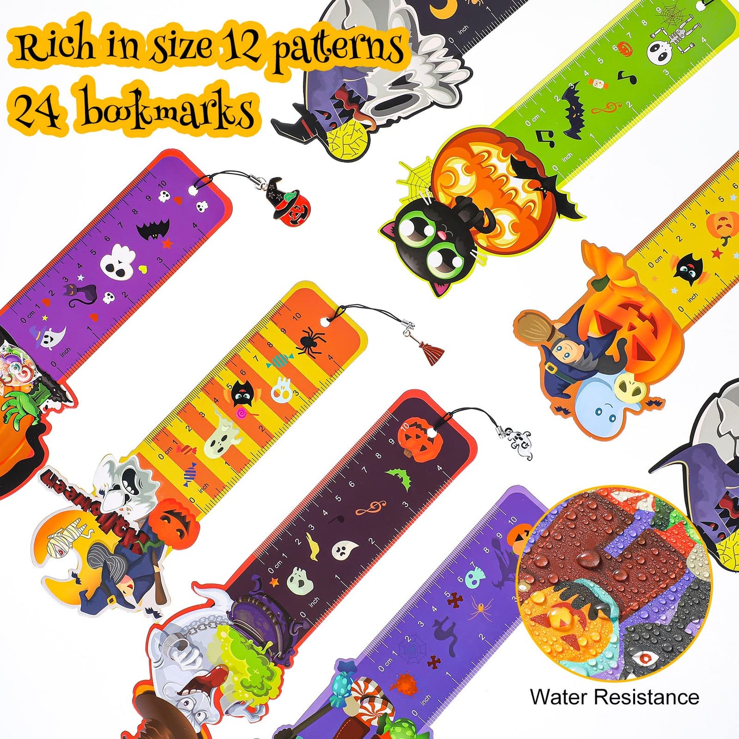 Pajean 24 Pcs Halloween Bookmarks, Ruler With Pumpkins, Ghost, Skulls Book Page Clips, Metal Charms for Classroom Rewards, Prizes, Holiday Party Favor Decorations