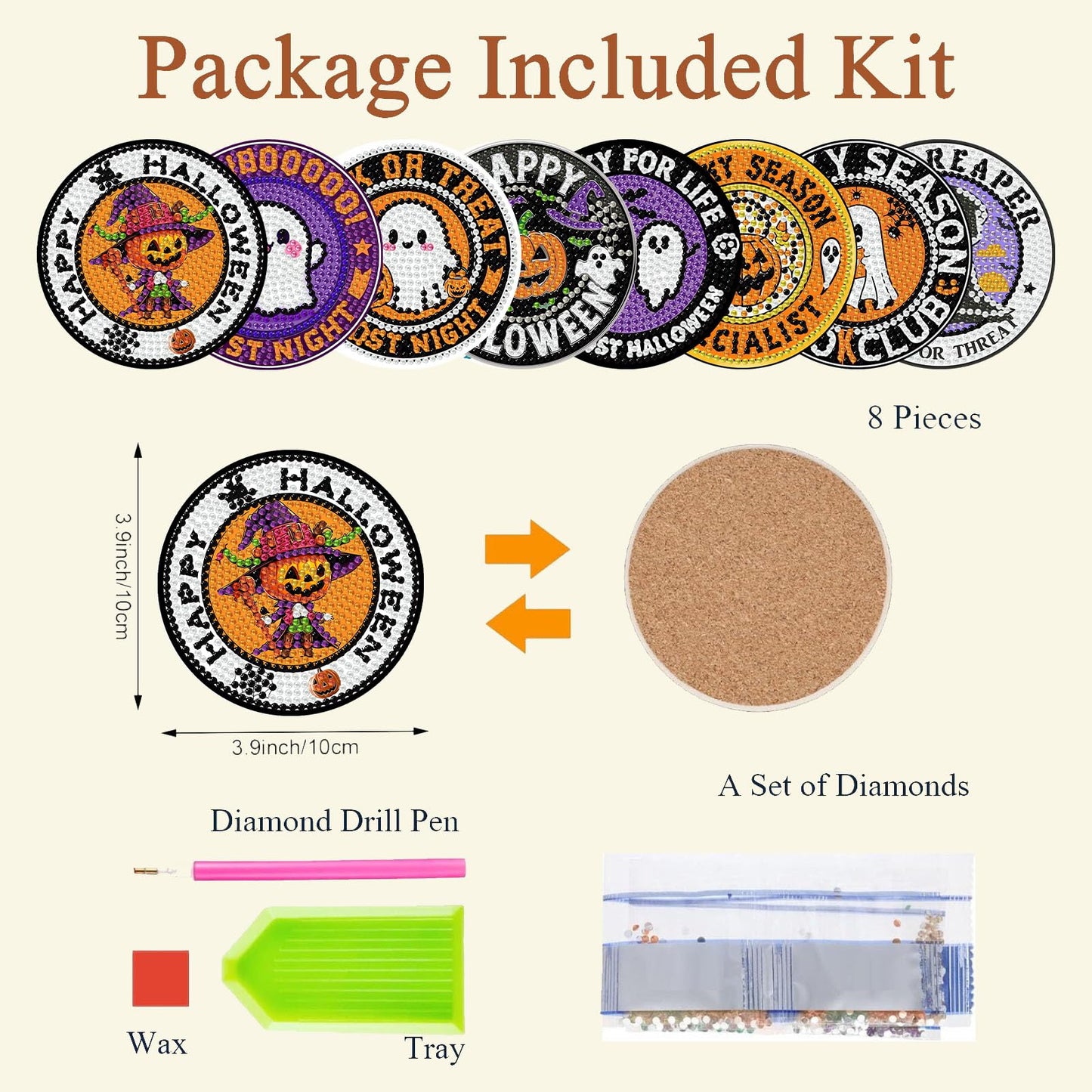 Gemozaic 8PCS Halloween Diamond Art Coasters Kit for Adult, Spooky Diamond Painting Coasters with Holer, Non-Slip, Easy DIY Pumpkin Gem Arts and Crafts Kits for Gift, Coffee, Cocktail, Drink