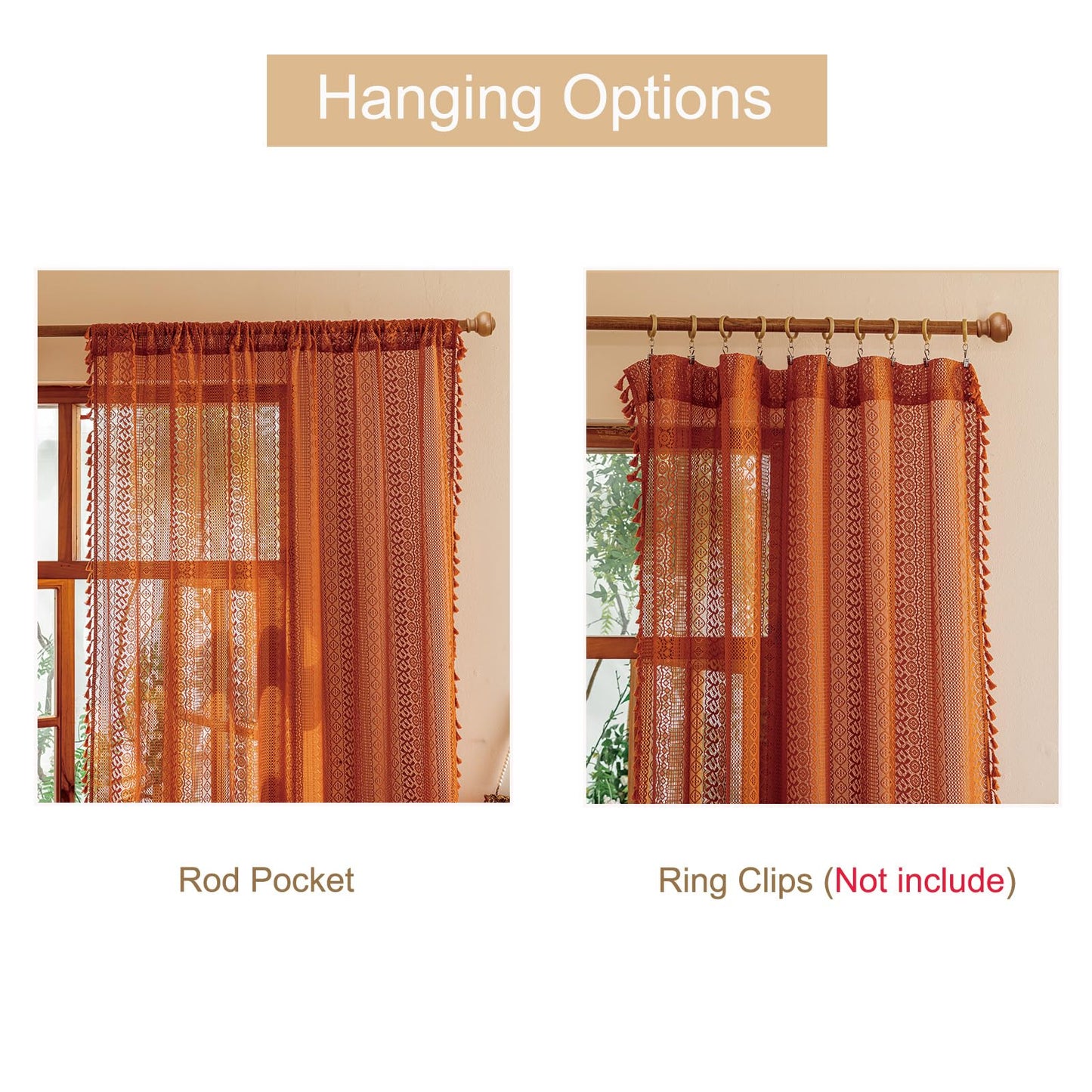 Sutuo Home Terracotta Boho Lace Curtains 2 Panels 84 Inches Long for Living Room&Bedroom, Burnt Orange Crochet Privacy Farmhouse Vintage Tassels Retro Halloween Window Sheer Curtains Rod Pocket,50" W