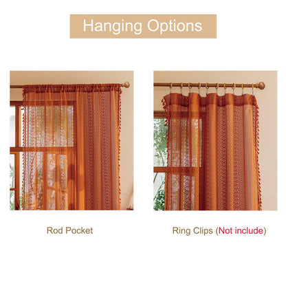 Sutuo Home Terracotta Boho Lace Curtains 2 Panels 84 Inches Long for Living Room&Bedroom, Burnt Orange Crochet Privacy Farmhouse Vintage Tassels Retro Halloween Window Sheer Curtains Rod Pocket,50" W