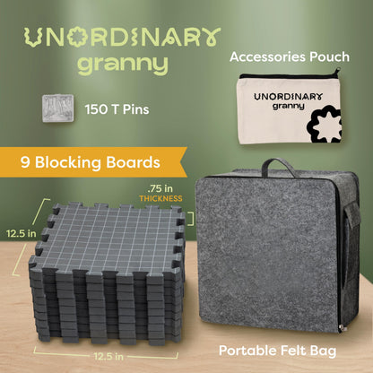 Unordinary Granny Crochet Blocking Board Set – 9 Extra Thick Interlocking Mats with Grid, 150 T-Pins, Felt Storage Bag and Cotton Pouch – Blocking Board for Knitting, Crochet & Other Craft Projects