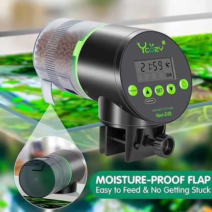 Ycozy Automatic Fish Feeder Rechargeable with USB Cable Moisture-Proof Intelligent Electric Fish/Turtle Feeder for Aquarium & Fish Tank (Rechargeable EVS)