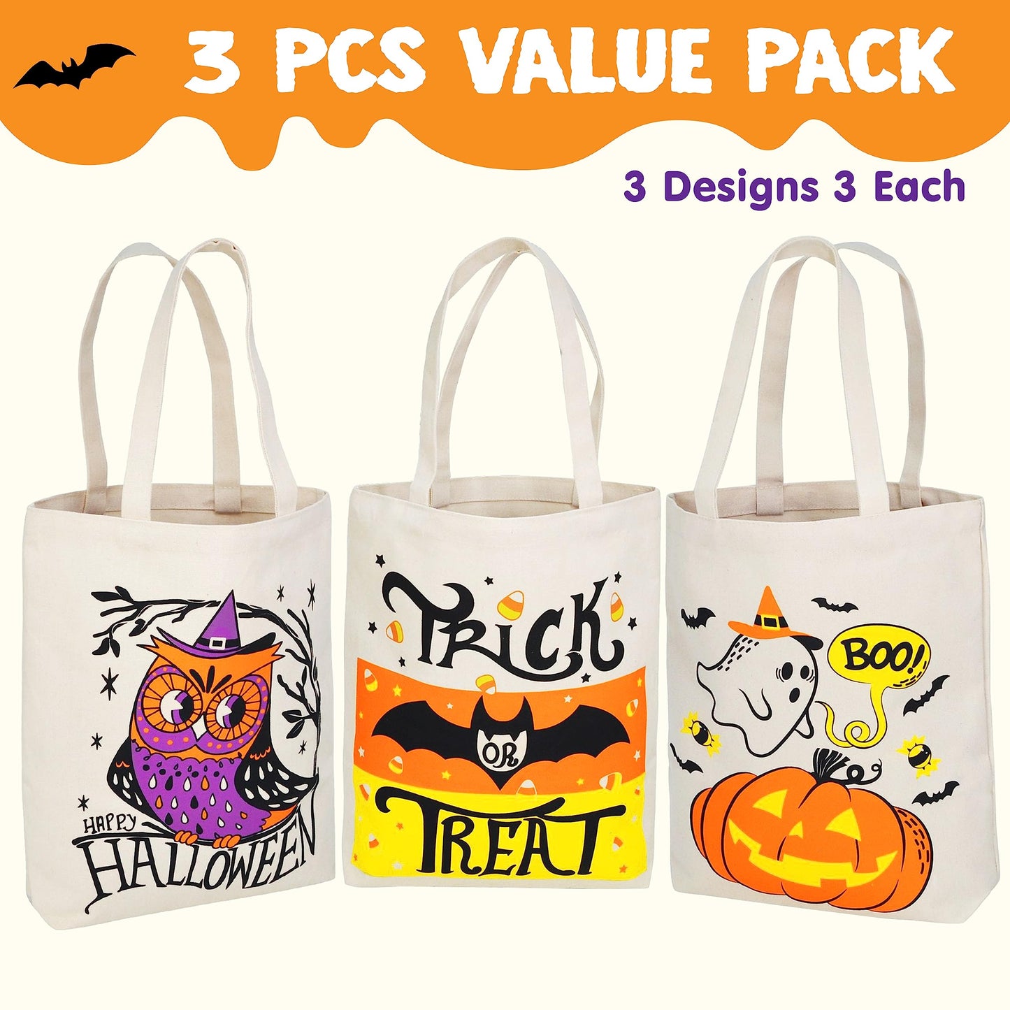 JOYIN 3PCS 13.75” Large Halloween Tote Treat Bags for Trick or Treating, Halloween Goodie Candy Bags, Reusable White Canvas Gift Bag for Kids Party Favor Supplies, Snack Grocery Tote with Handles