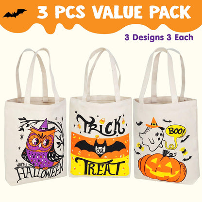 JOYIN 3PCS 13.75” Large Halloween Tote Treat Bags for Trick or Treating, Halloween Goodie Candy Bags, Reusable White Canvas Gift Bag for Kids Party Favor Supplies, Snack Grocery Tote with Handles