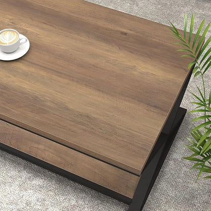 HSH Rustic Wood Coffee Table, Modern Farmhouse Living Room Table, Minimalist Center Table with Storage & Display Shelf, 2 Tier Simple Rectangle Cocktail Tea Table for Home Office Bedroom, 47 Inch