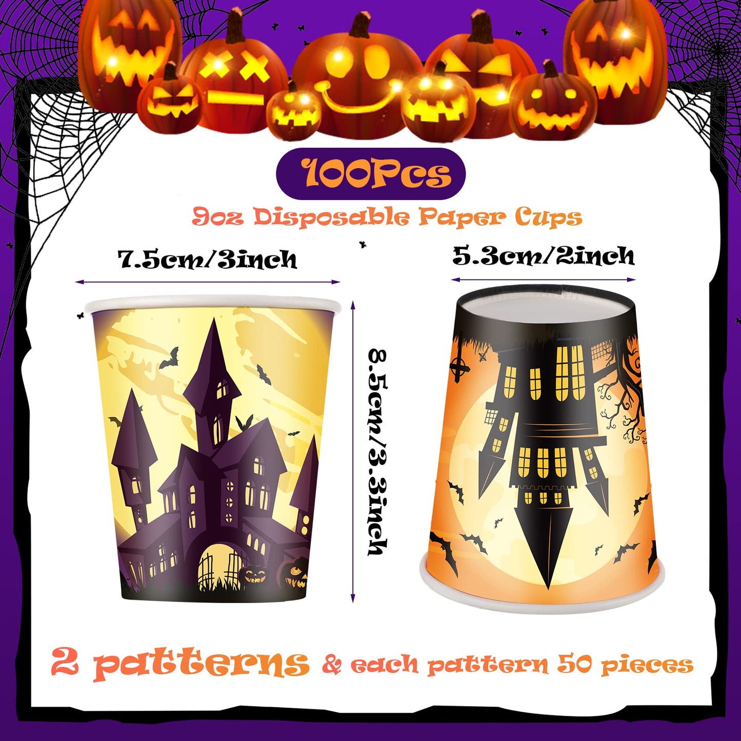 Rtteri 100 Pcs Halloween Disposable Paper Cups 9 oz Disposable Pumpkins Castle Cups for Adults Hot Cold Beverage Juice Snack and Drink Cup Coffee Cups Decoration Supplies for Halloween