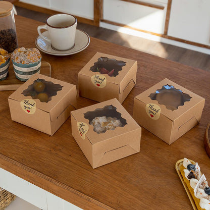 Norxziore 50pcs Brown Cookie Boxes with Window, 4x4x2.5 Inches Small Treat Boxes, Kraft Grease-proof Film Paper Bakery Boxes, Pastry Boxes for Dessert, Strawberries, Cupcake, Valentine, Gift Giving