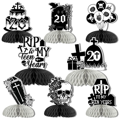 kreat4joy 8pcs Rip to My Teens Birthday Decoration Table Honeycomb Centerpiece Double-Sided Printing Black for Girl’s 20th Gothic Kissing My Teens Goodbye Hello Twenties Birthday Decoration