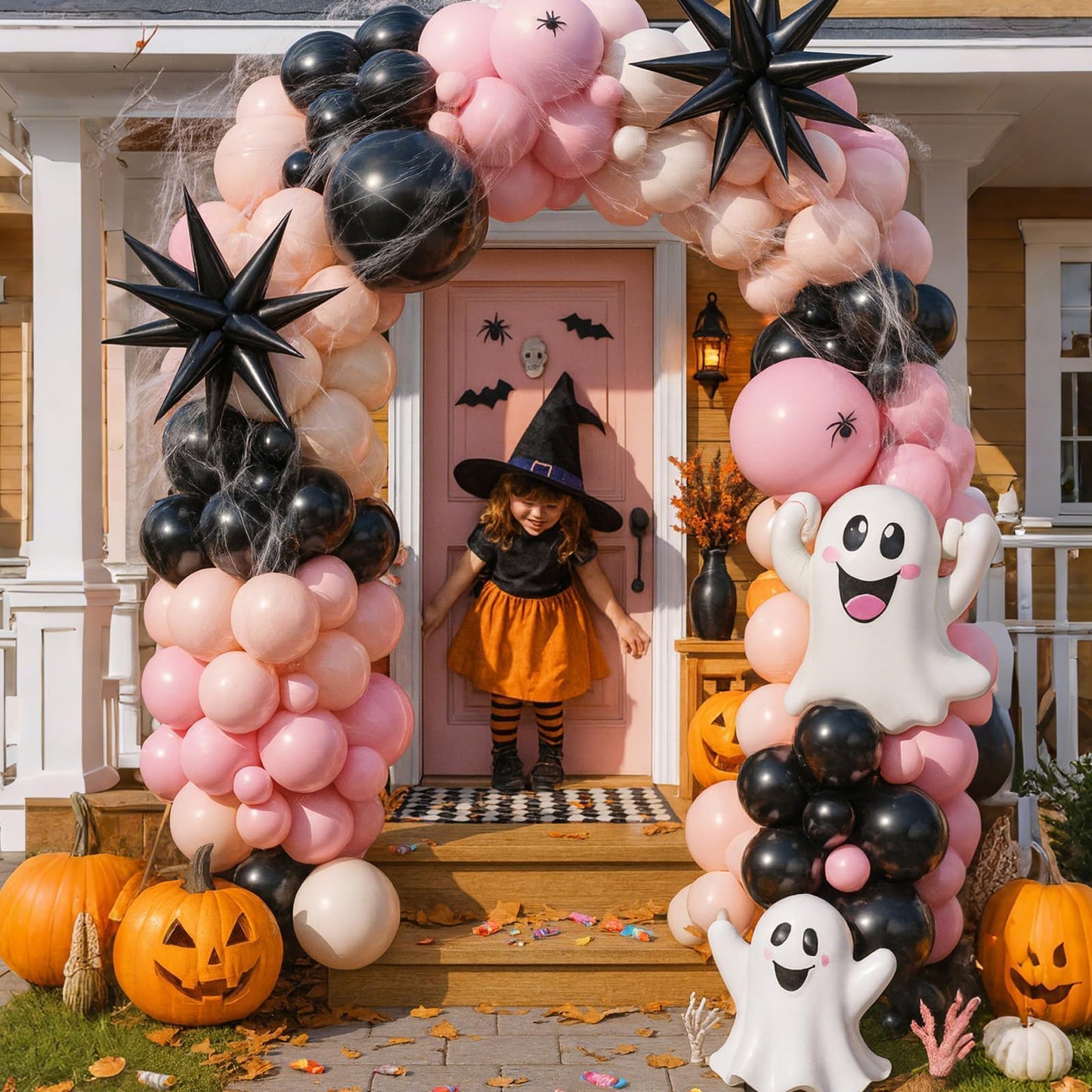 Halloween Balloon Arch Garland Kit, Black Macaron Pink Orange Sand White Balloons, Ghost and Star Foil Balloon, Fake Spider Webs for Kid Girl Halloween Birthday Party Decorations Baby Shower Backdrop