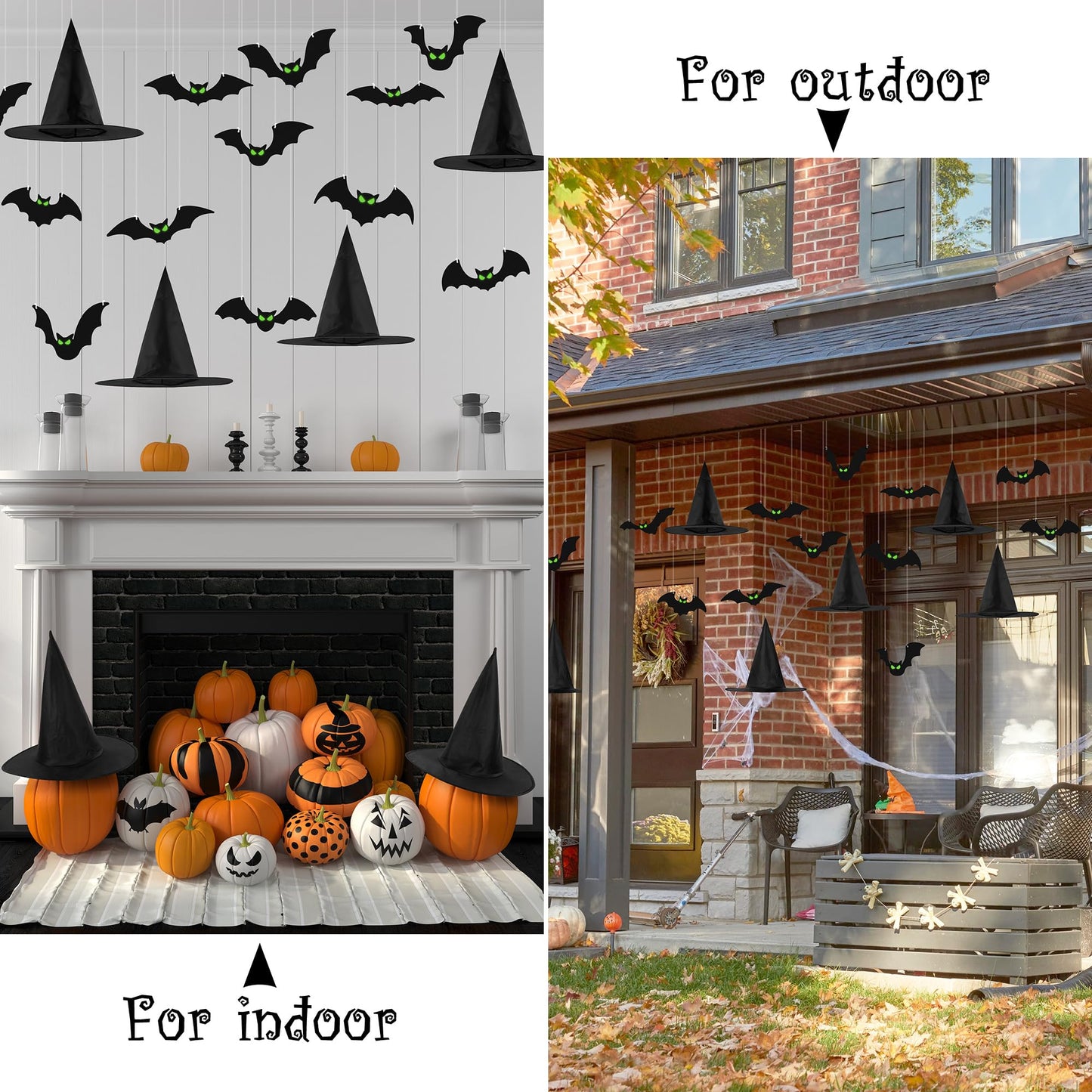 Fovths 12 Pieces Halloween Hanging Decoration With Glow Eyes - 6 Pack Black Witch Hat for Garden Yard Lawn Scary Decor Outside