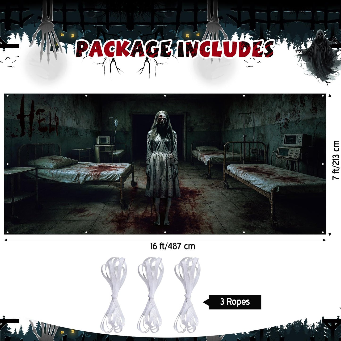 Blosssound 1 PCS Halloween Ghosts Garage Door Cover - 7 x 16 ft Hospital Haunted Buildings Zombies Backdrop Hanging Decorations for Halloween Photo Outdoor Home Party Booth