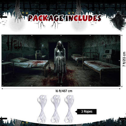 Blosssound 1 PCS Halloween Ghosts Garage Door Cover - 7 x 16 ft Hospital Haunted Buildings Zombies Backdrop Hanging Decorations for Halloween Photo Outdoor Home Party Booth