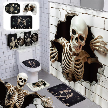 FuWeave 8 Pcs Halloween Shower Curtain Set, Skeleton Breakthrough Bathroom Decor with 3D Wall-Breaking Skull, Include Non-Slip Bath Mat, Toilet Lid Cover, Towels and 12 Hooks for Gothic Bathroom