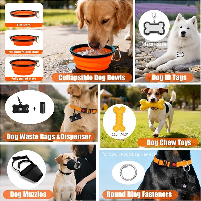 No Pull Dog Harness Adjustable Collar & Leash Set - Dog Halter Harnesses Collapsible Bowls & Poop Bag Dispenser Muzzle ID Tags Toys Fits Small Medium Large Dogs (Orange-M)