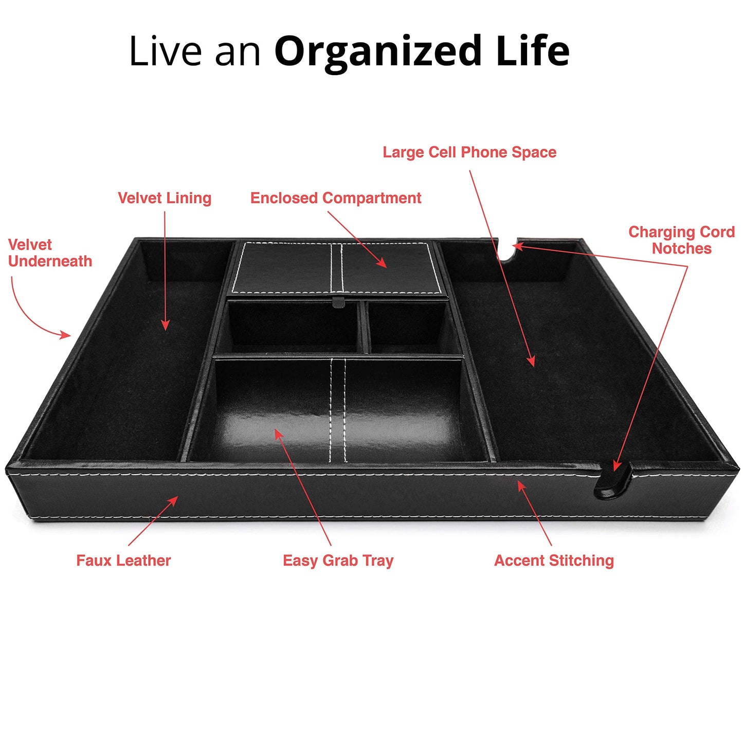 ULTRAY, Valet Tray for Men, Nightstand Organizer, Entry Table Organizer, Catch All, Black Faux Leather Box, 6 Compartments