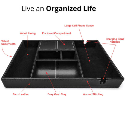 ULTRAY, Valet Tray for Men, Nightstand Organizer, Entry Table Organizer, Catch All, Black Faux Leather Box, 6 Compartments