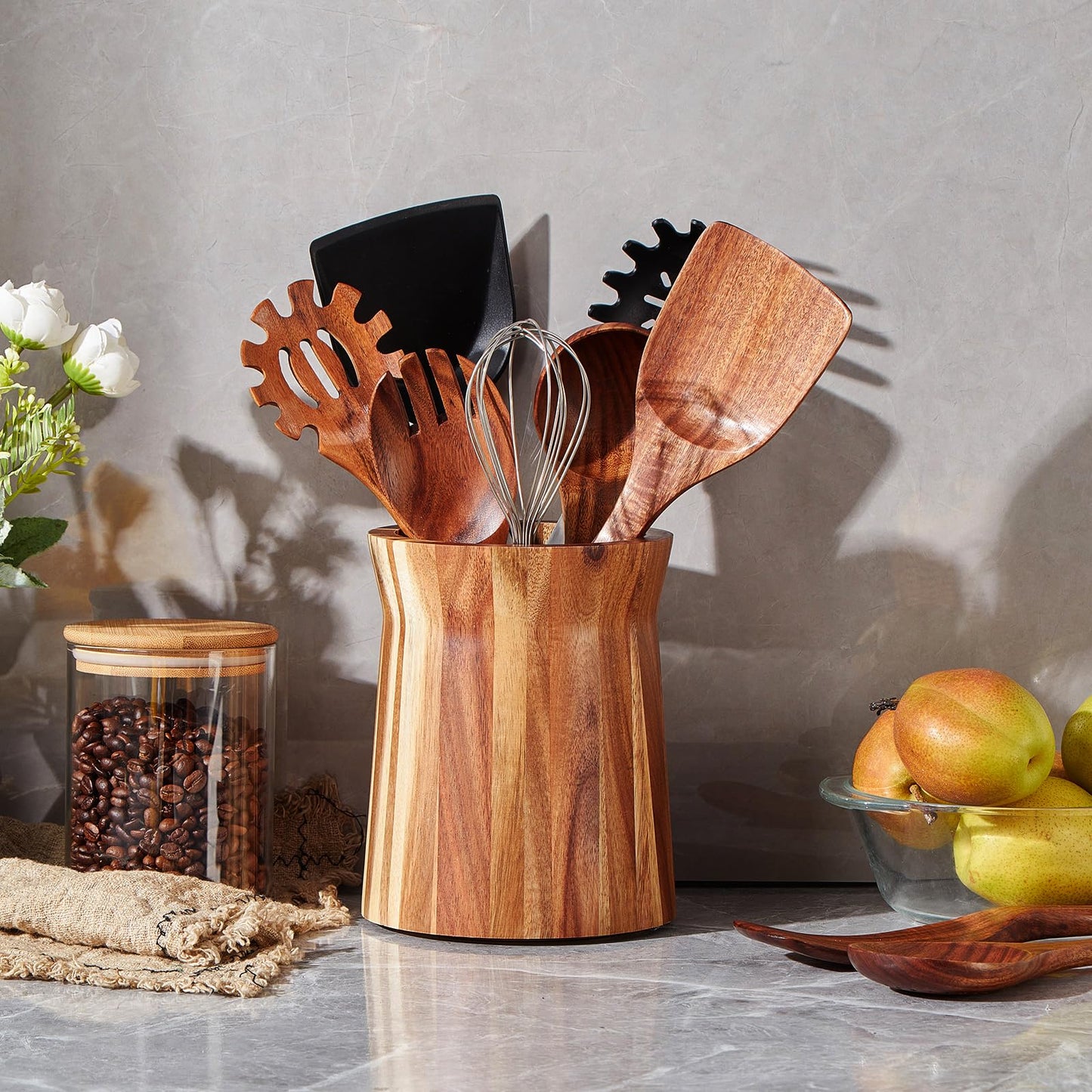 LOHONER Wooden Utensil Holder for Countertop, 360° Rotating Kitchen Utensil Holder, 7.2"x 6" Large Acacia Wood Crock, Farmhouse Kitchen Decor