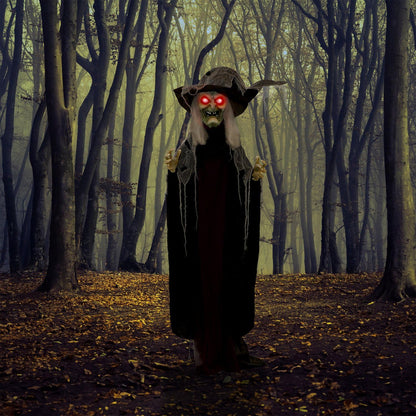Haunted Hill Farm Life-Size Poseable Scary Talking Witch, Halloween Animatronic with Touch Activated Lights and Sound, Battery Operated Indoor or Covered Outdoor Halloween Decorations, Fright Props