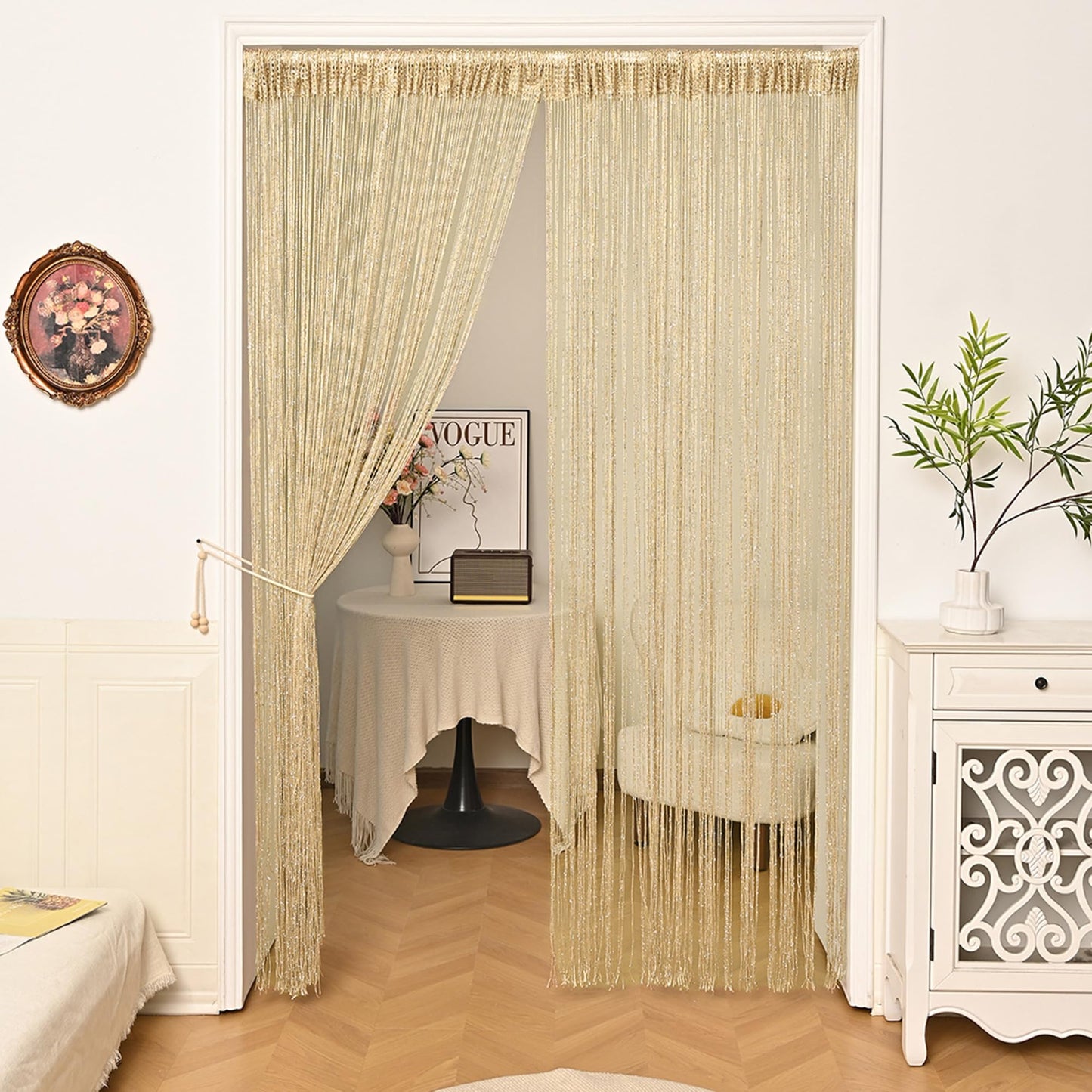 Vagasi 2 Pack 39 x 79 Inch String Curtains for Doorways Room Divider Curtains Hippie Room Decor Hanging Beaded Curtains for Bedroom Closet Door, Champagne