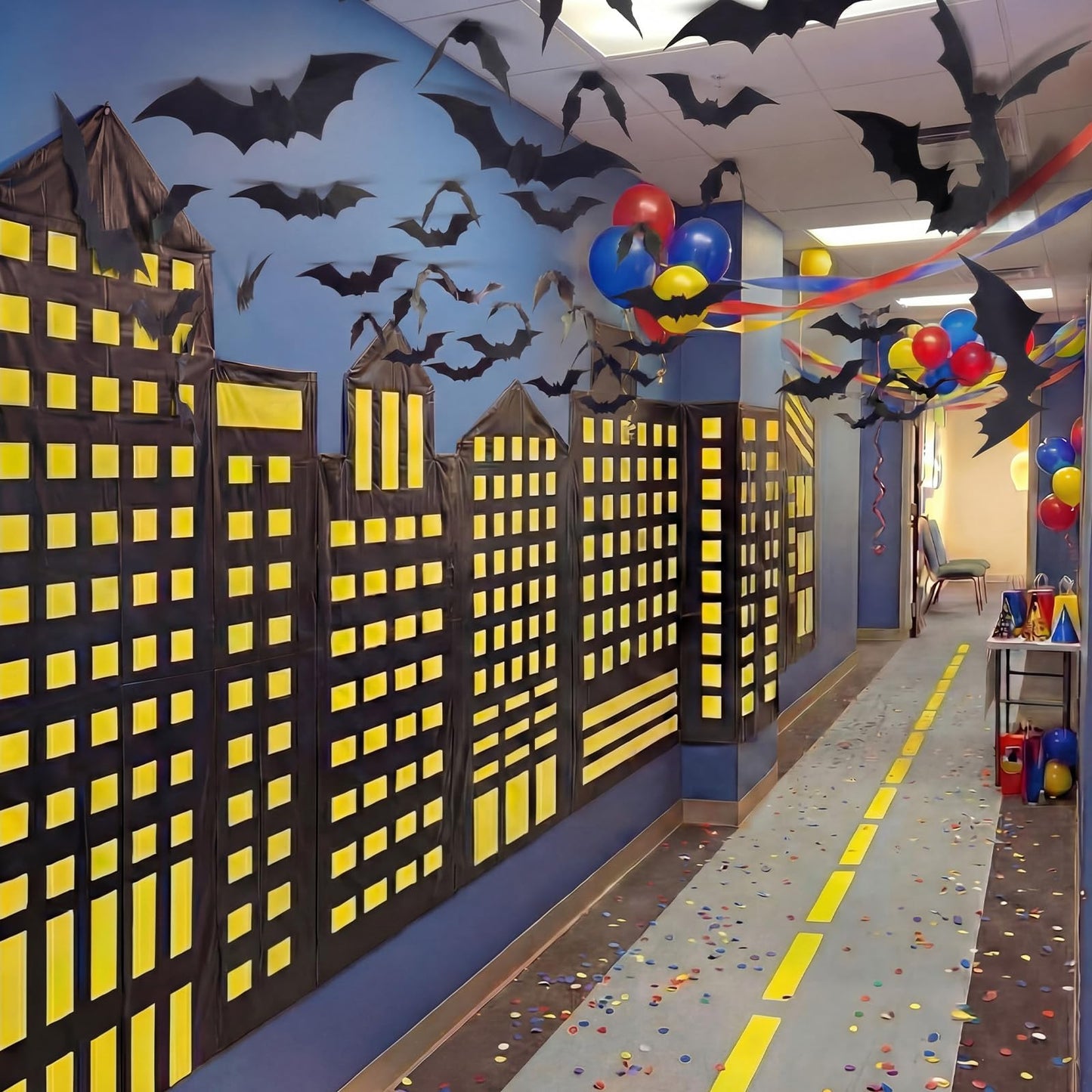 Preboun Bat Theme Party Decorations Skyscraper City 8.2x3.3 ft Backdrop with 9.8x1.3ft Road Rug 3D Bat Cutouts Modern City Backdrop Hero Birthday Decor for Hallway Wall Background Photo Props