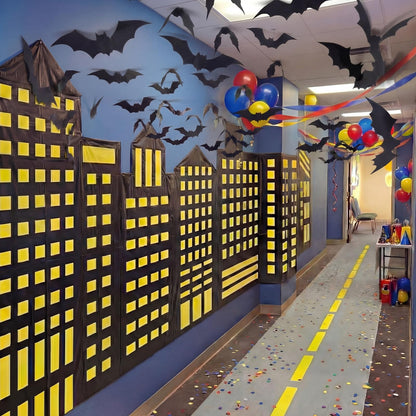 Preboun Bat Theme Party Decorations Skyscraper City 8.2x3.3 ft Backdrop with 9.8x1.3ft Road Rug 3D Bat Cutouts Modern City Backdrop Hero Birthday Decor for Hallway Wall Background Photo Props