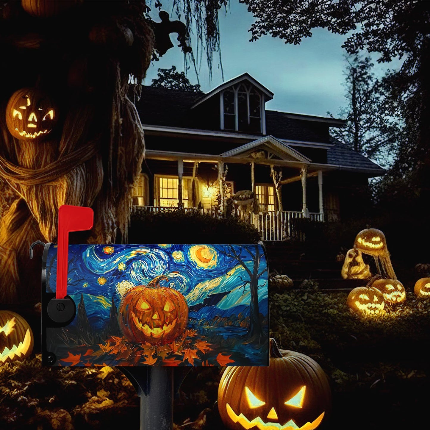 Dacawin Halloween Pumpkin Magnetic Mailbox Covers Standard Size 18 x 21 Van Gogh's Starry Night Mailbox Wraps Cover Oil Painting Decorations Post Box Cover for Garden Yard Outdoor Decor