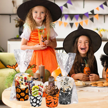 Whaline 100 Sets Halloween Charcuterie Cups with Sticks Bags Twist Ties 14Oz Black-Orange Ghost Pumpkin Bat Spider Web French Fry Holder for Trick or Treat Party Supplies