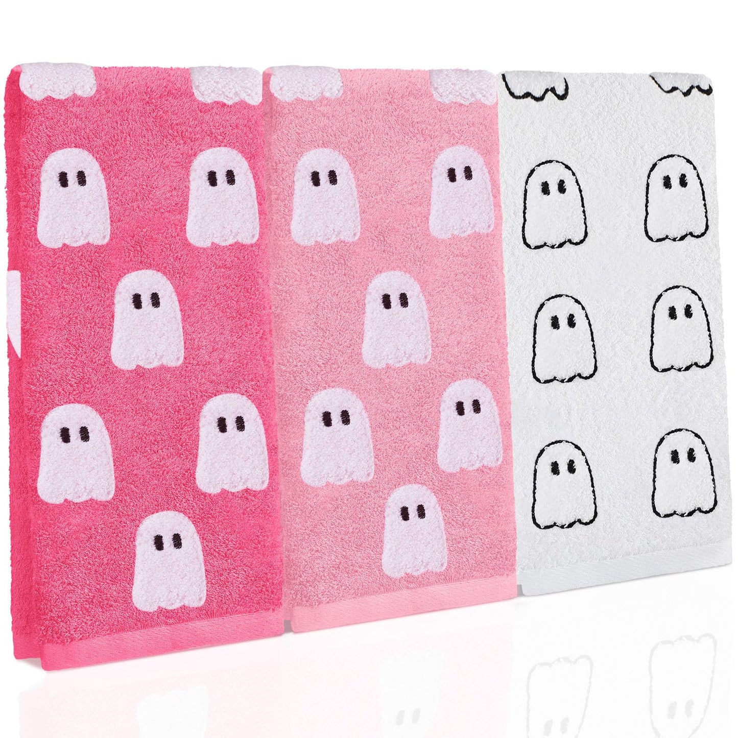 Oudain 3 Pcs Pink Ghost Hand Towels for Bathroom 100% Cotton Pink Halloween Embroidered Decorative Towels Cute Kitchen Gifts for Halloween Bath Shower Decors Housewarming 13.7 x 29.5 Inch