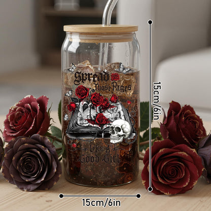 Deorfuy Gothic Glass Cup Gifts for Women Girls, 16 Oz Dark Romance Theme Glass Cup with Lids Straw Gifts, Spooky Skeleton Halloween Tumbler Present
