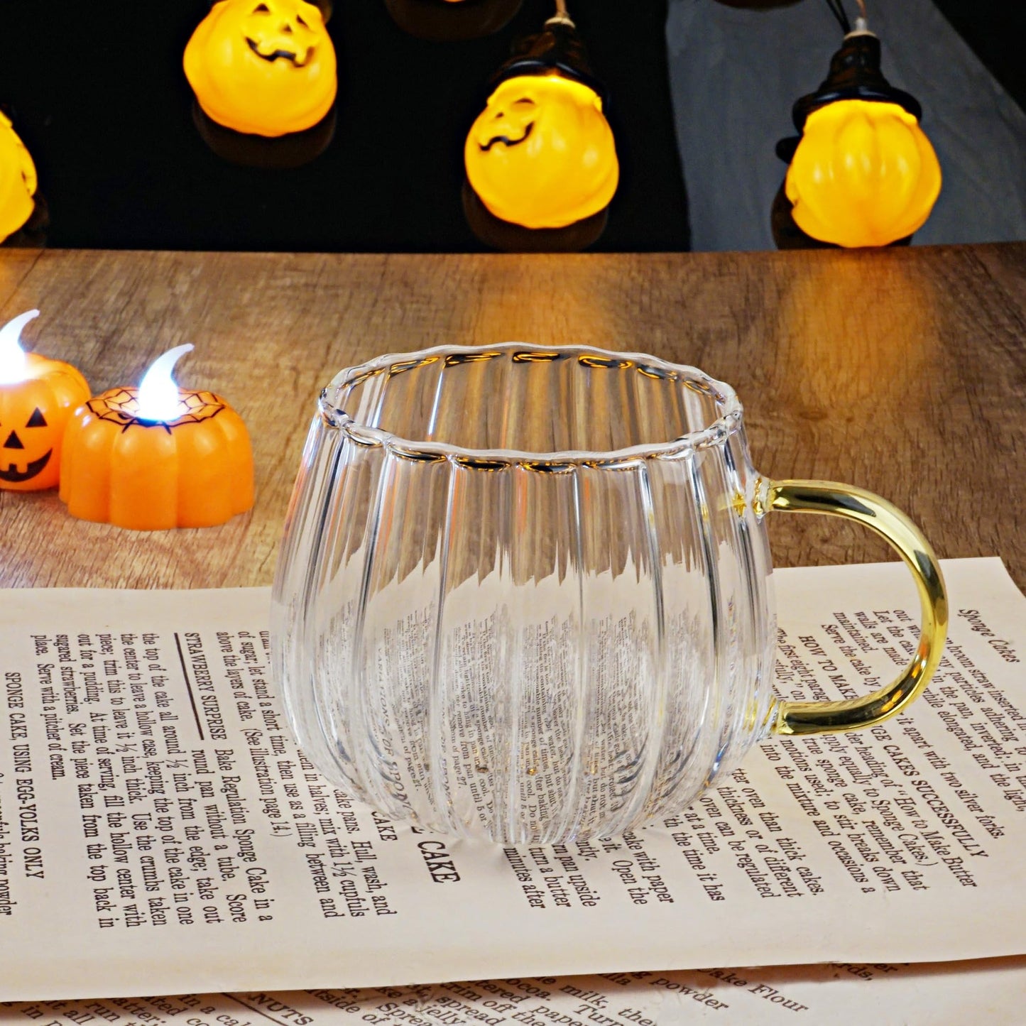 LUATSDAR Halloween Pumpkin Mugs 12 oz Glass Coffee Mugs Set of 4, Drinking Glasses with Yellow Handle, Clear Glass Cups for Hot or Cold Drinks like Cappuccino, Latte, Cocoa, Milk, Tea