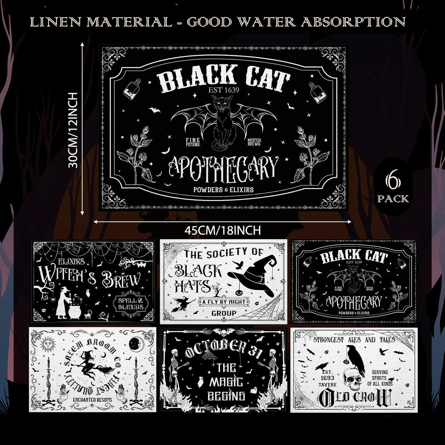 Umigy 6 Pcs Halloween Placemats 12"x18" Gothic Bat Placemats Kitchen Decoration Washable Witch Place Mats Rectangle Skull Table Mats for Halloween Dining Table Accessories(Black White Character Style)