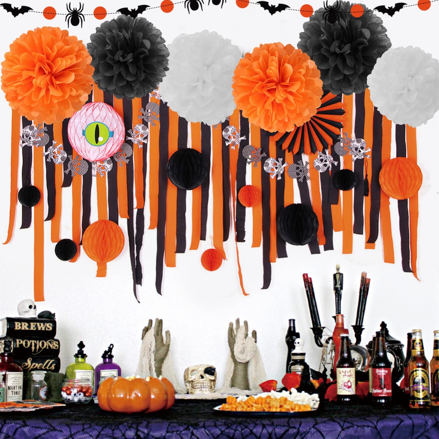 Black Orange White Halloween Party-Decorations - 8pcs Kits Happy Halloween Banner, Tissue Flower Paper Pom Poms Streamers,Bat Decor Garland,Birthday Wedding Baby Bridal Shower Lasting Surprise