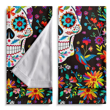 Cneztholim Day of The Dead Hand Towels Mexican Skull Kitchen Dish Towel Halloween Skeleton Floral Bathroom Towels Soft Absorbent Towel Set with Birds for Home Decor