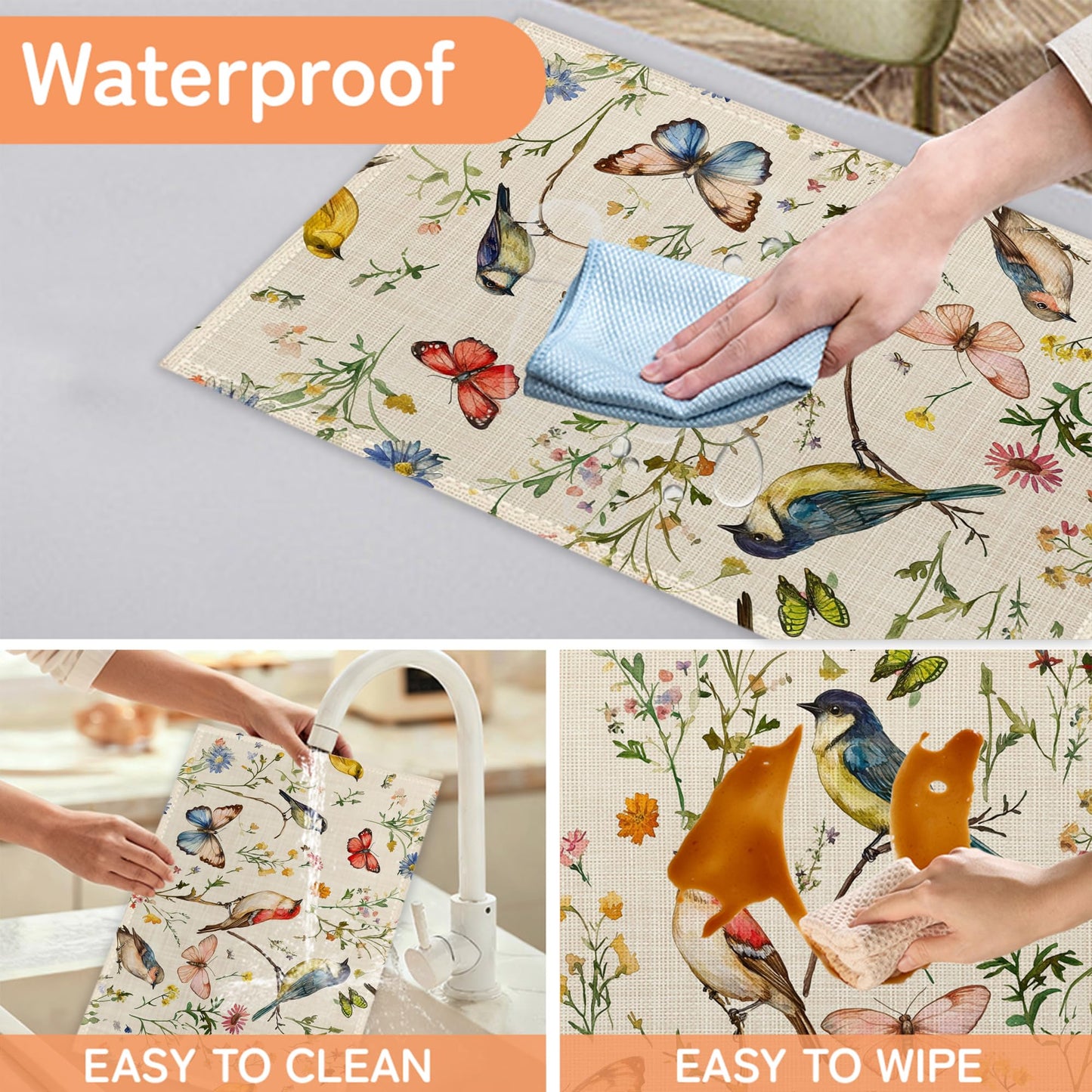 Vintage Bird Placemats Set of 6,Butterfly Flower Waterproof Heat Resistant Dining Table Plate Mat for Home Kitchen Dining Table 12x18Inch